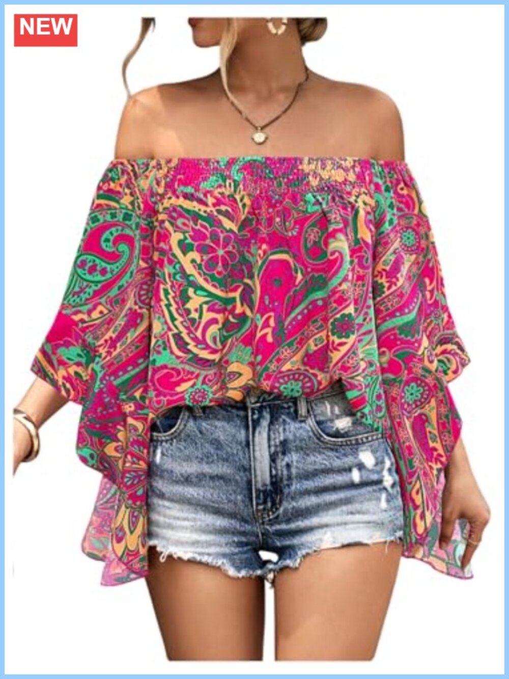 Off Shoulder Floral Blouse Ruffle Half Bell Sleeve Shirred Boho Vacation Top
